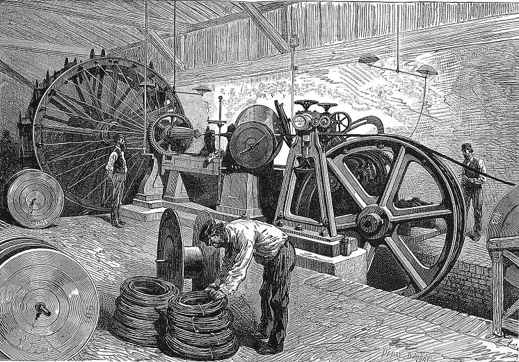 Manufacture de caoutchouc et gutta-percha de Grenelle - machine à câbler les câbles sous-marins - gravure de Désiré Dumont - 1878